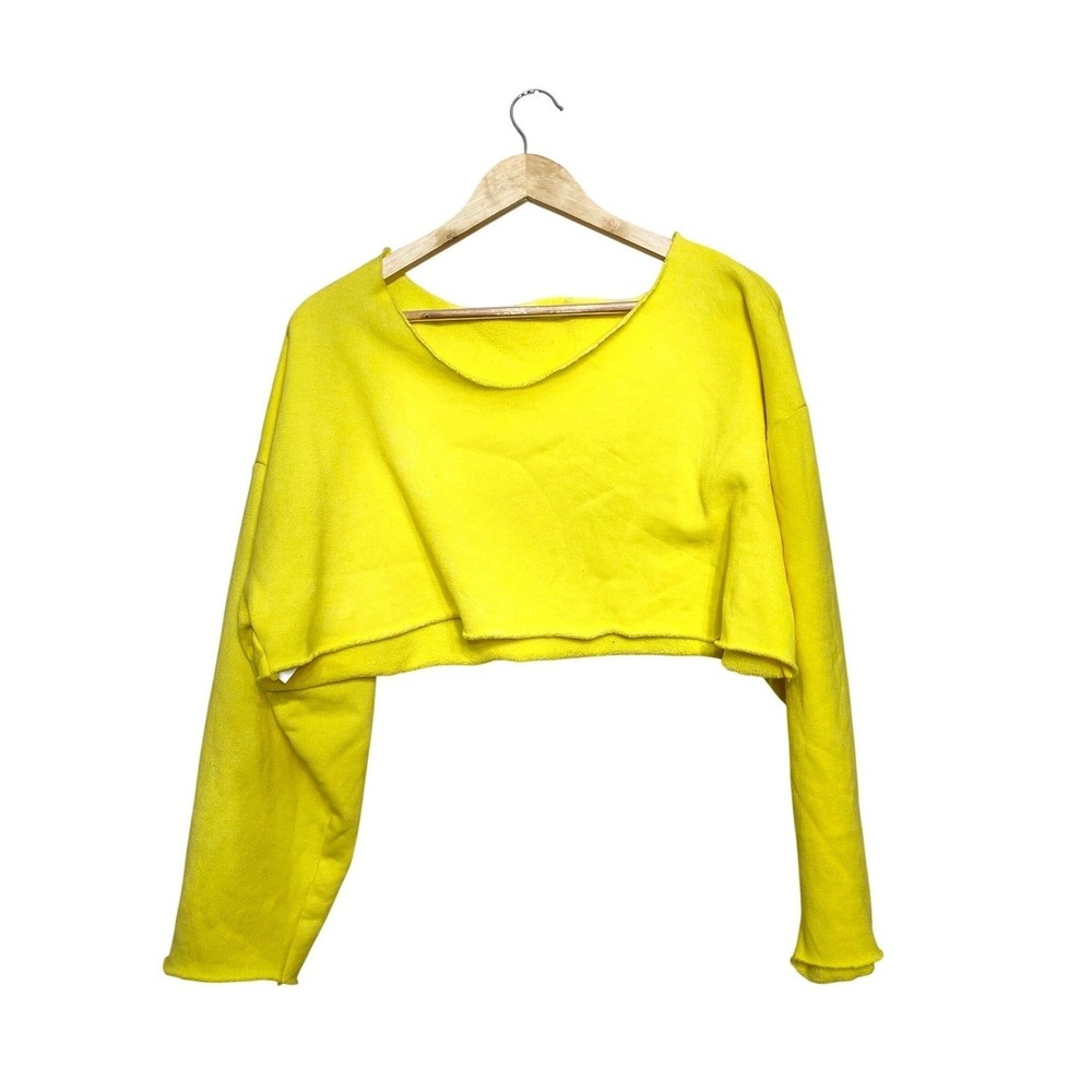 Free People‎ Movement Neon Yellow Cropped Sweatshirt Raw Hem Pullover Small